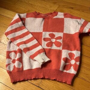 Coral and Cream Floral Check Knit Sweater - Women's